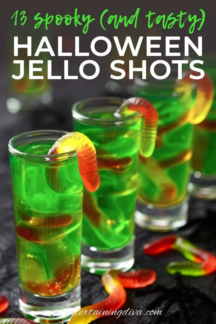 Halloween Jello Shots in spooky themed cups for festive parties