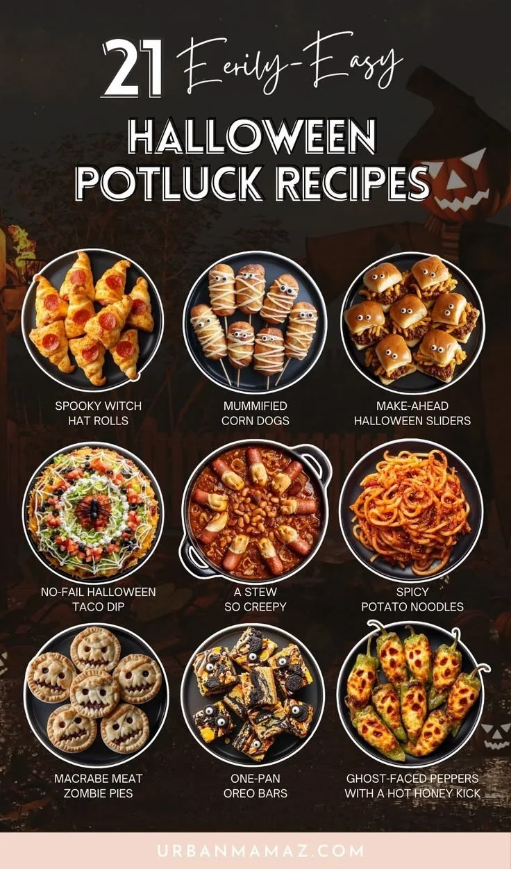 A spread of Halloween potluck recipes including spooky snacks and festive dishes.