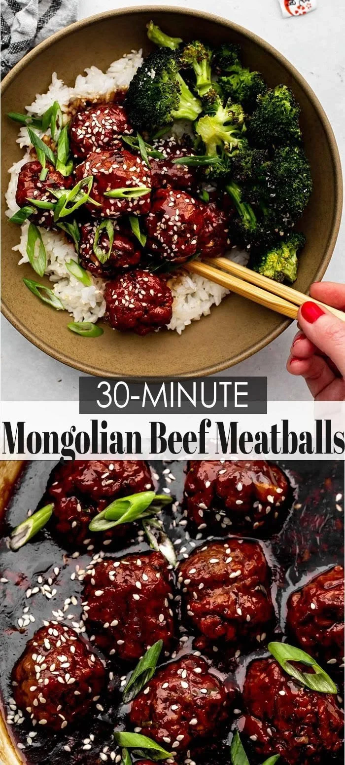 Plate of Mongolian beef meatballs served with sauce and green onions