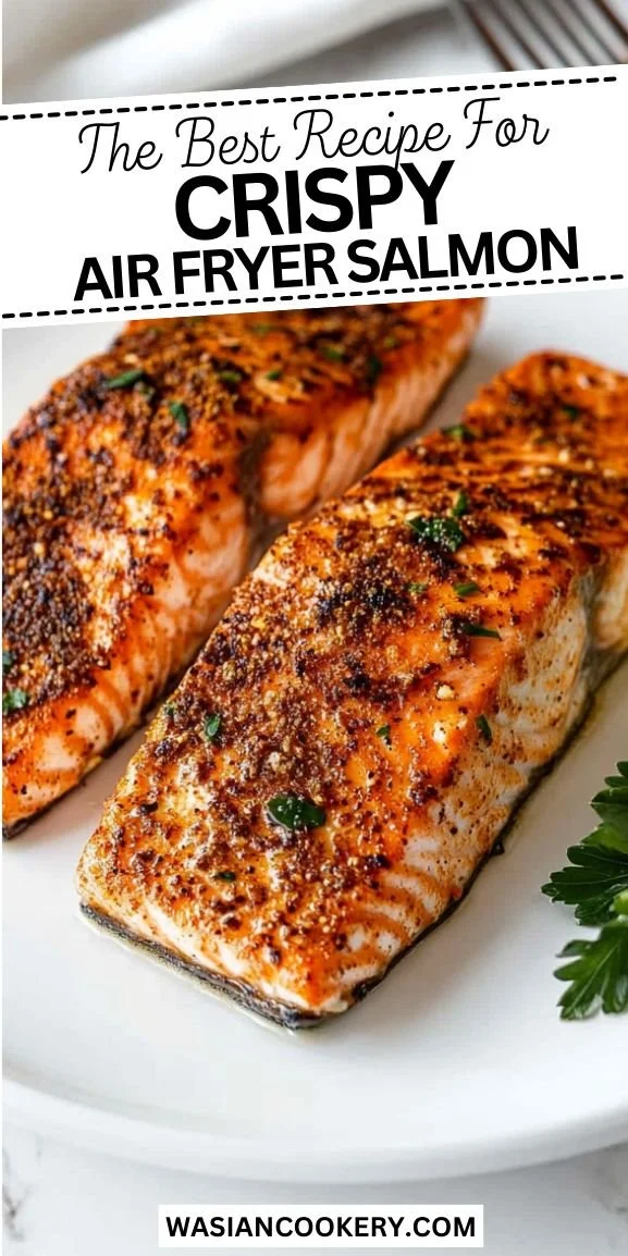 Delicious air fryer salmon recipe served with vegetables on a plate