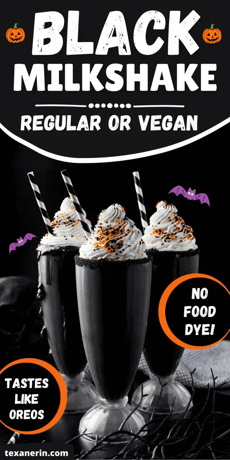 Delicious black milkshake for Halloween with whipped cream and spooky toppings.