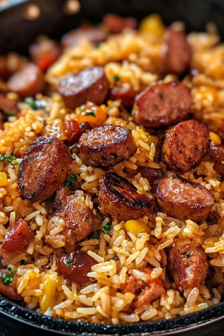 Cajun Sausage and Rice Skillet dish cooked in one pan, garnished with herbs.