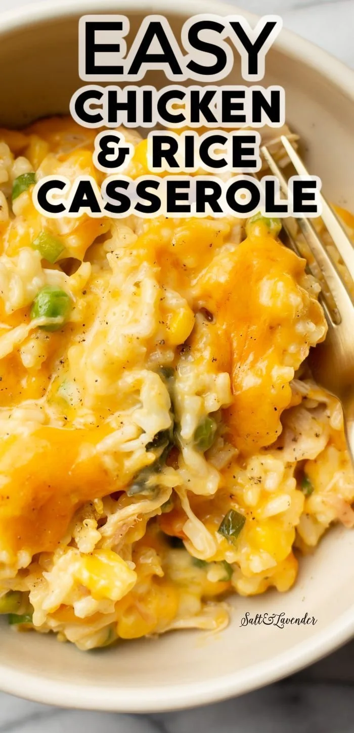 Cheesy Chicken and Rice Casserole served in a baking dish garnished with parsley