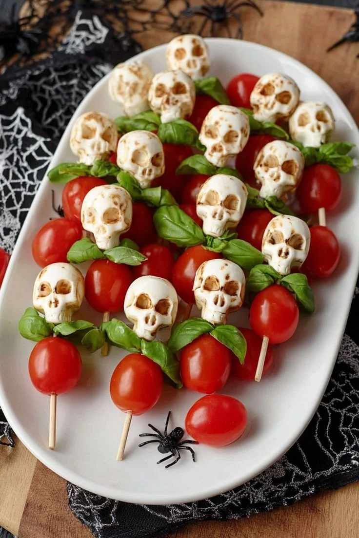 Cheesy skulls Halloween skewers ready for a spooky celebration.