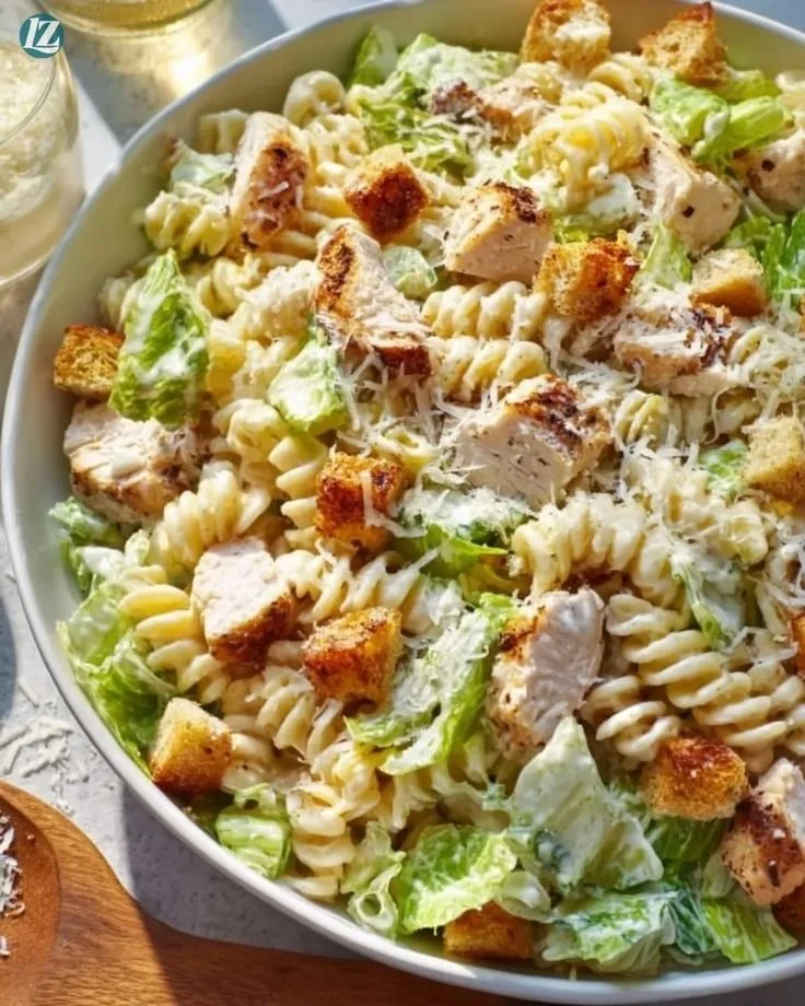 Delicious Chicken Caesar Pasta Salad in a serving bowl