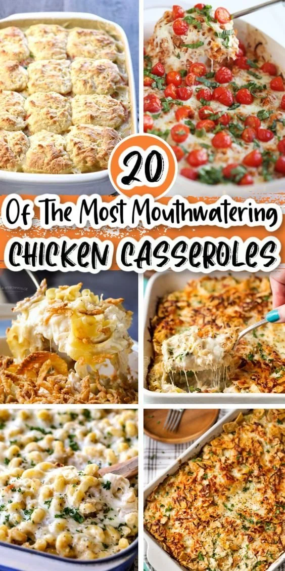 Delicious chicken casserole served in a baking dish with fresh herbs