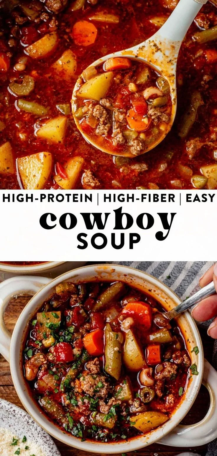 A bowl of delicious Cowboy Soup with vegetables, beans, and spices