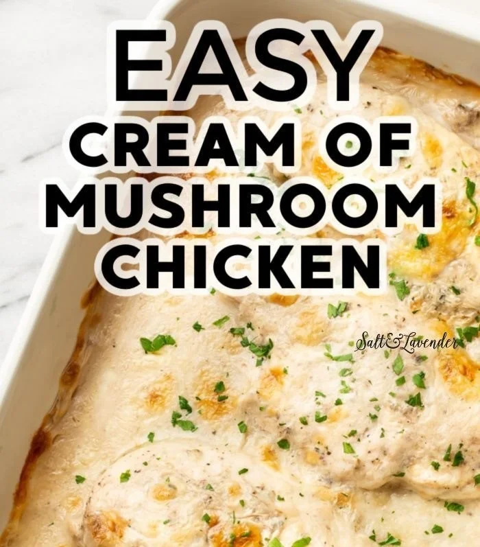 Cream of Mushroom Soup Chicken Bake garnished and served in a bowl