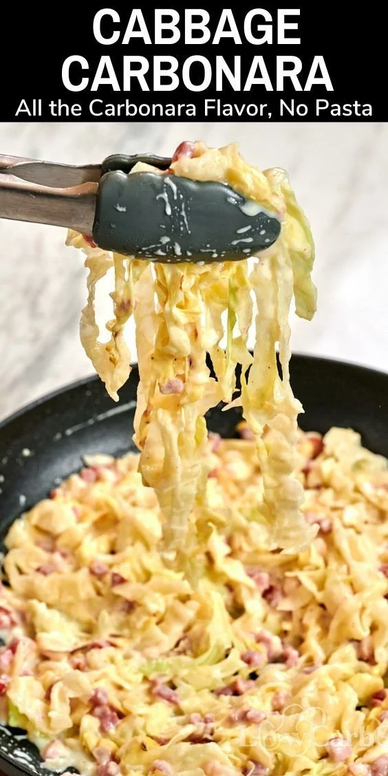 Creamy cabbage carbonara dish served in a bowl with garnish