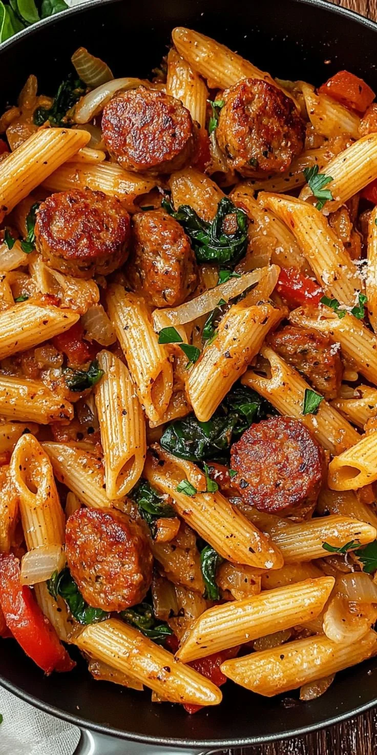 Creamy Cajun sausage pasta in a one pot, featuring vibrant ingredients and spices.