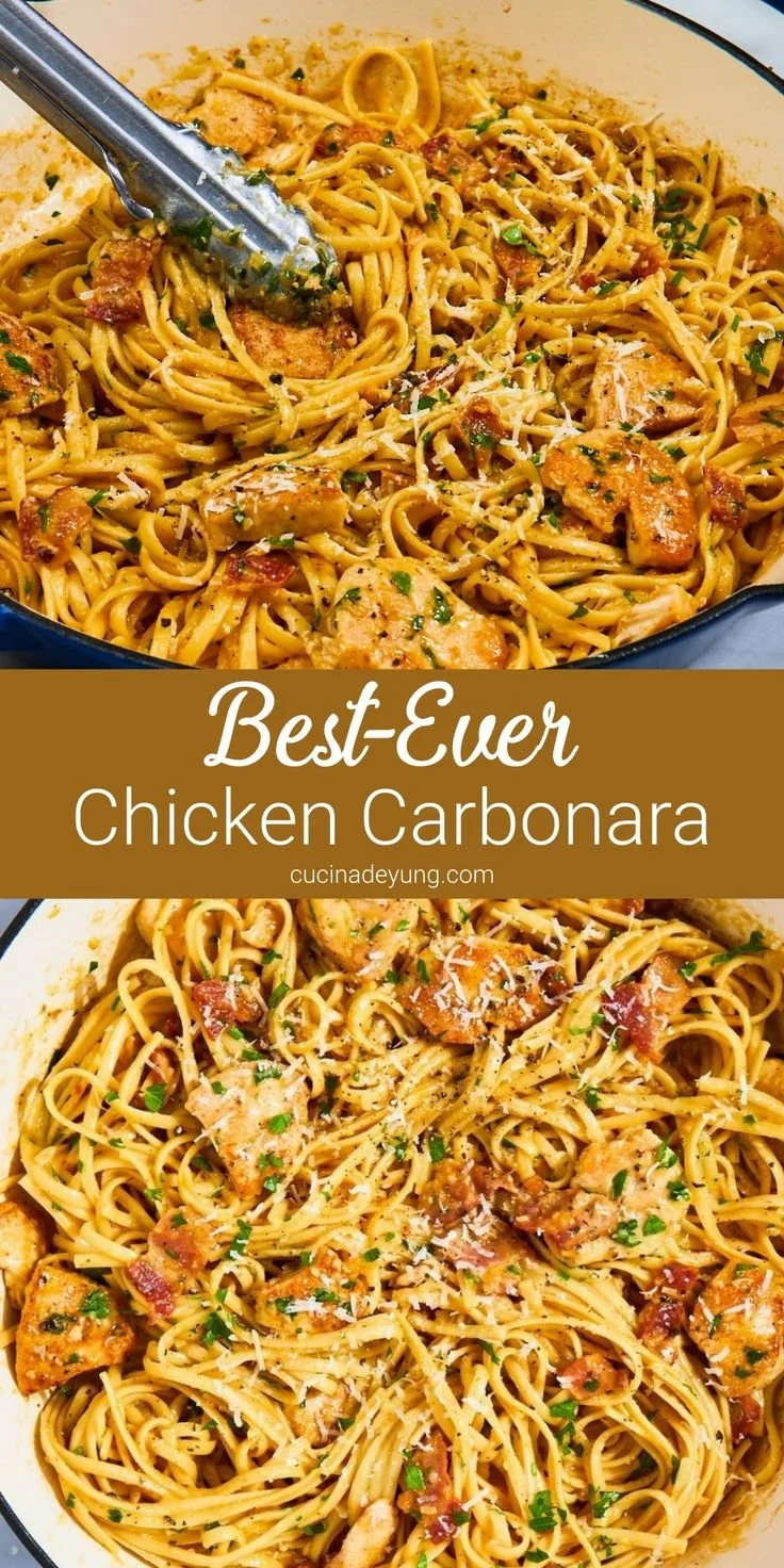 Creamy chicken carbonara with turkey bacon and parmesan served in a bowl