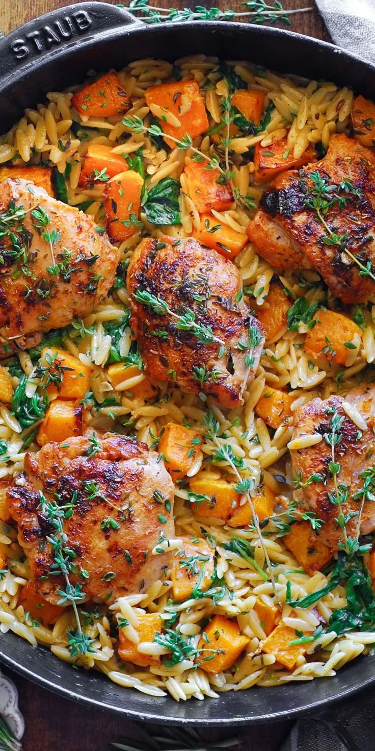 Creamy chicken orzo with butternut squash and spinach in a bowl.