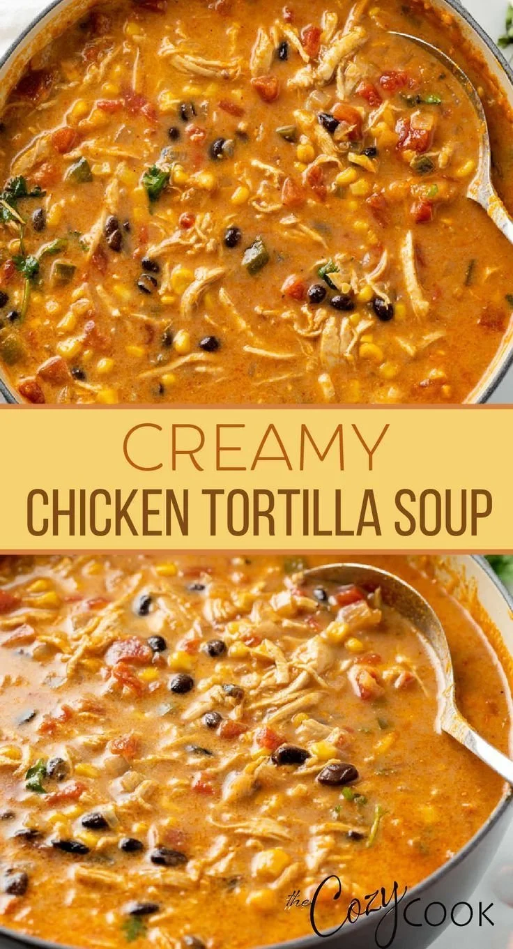 Creamy Chicken Tortilla Soup in a crockpot, garnished with tortilla strips