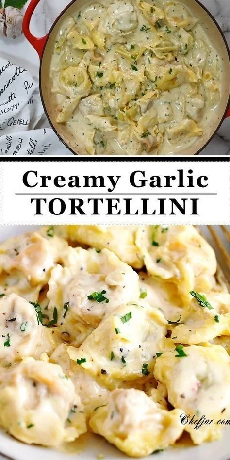 Delicious creamy garlic tortellini garnished with parsley in a white bowl