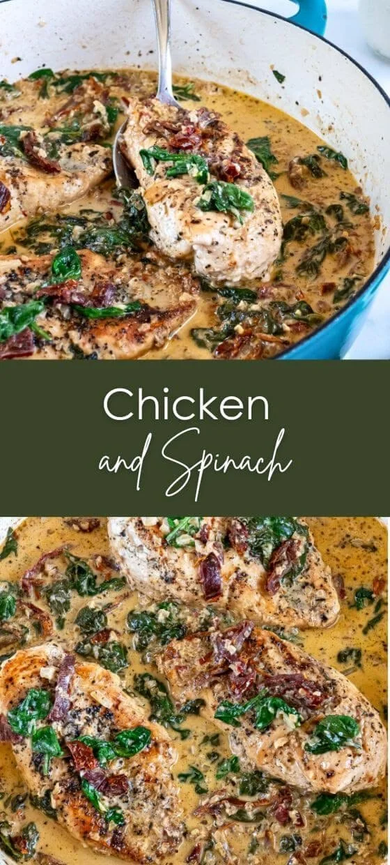 Creamy spinach chicken dinner served on a plate with fresh herbs.