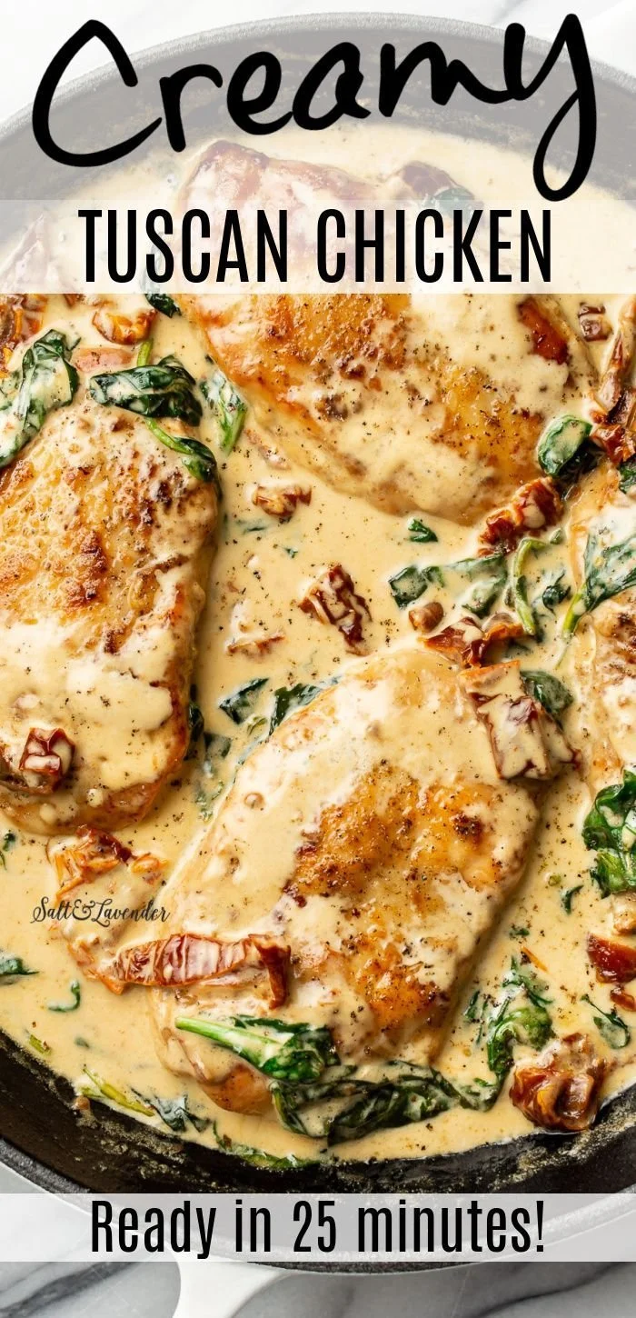 Delicious creamy Tuscan chicken served with herbs and creamy sauce.