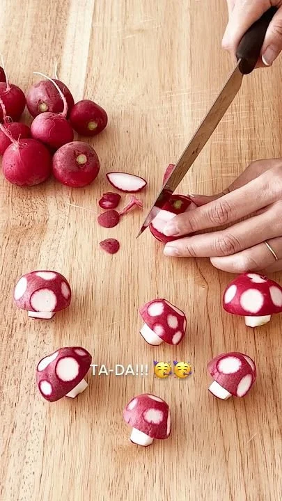 Colorful DIY radish mushrooms displayed as creative finger food appetizers.