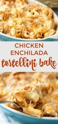 Easy chicken enchilada tortellini bake topped with cheese and garnished with cilantro