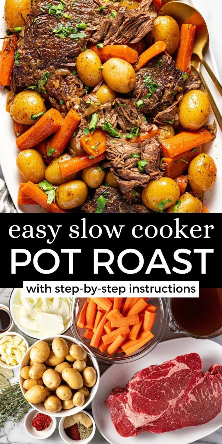 Delicious crock pot pot roast with gravy served on a plate