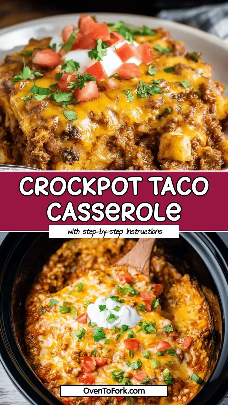 Easy crockpot taco casserole ready to serve, featuring layers of flavor and delicious ingredients.