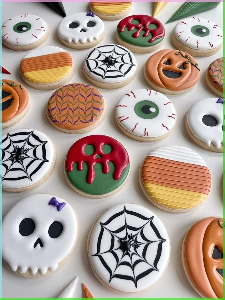 Assorted easy Halloween decorated cookies with spooky designs and vibrant colors