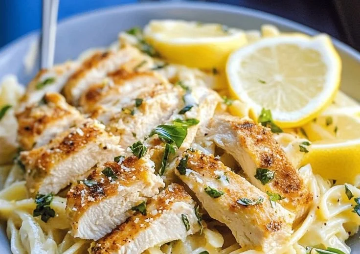 Delicious bowl of easy lemon chicken pasta garnished with fresh herbs