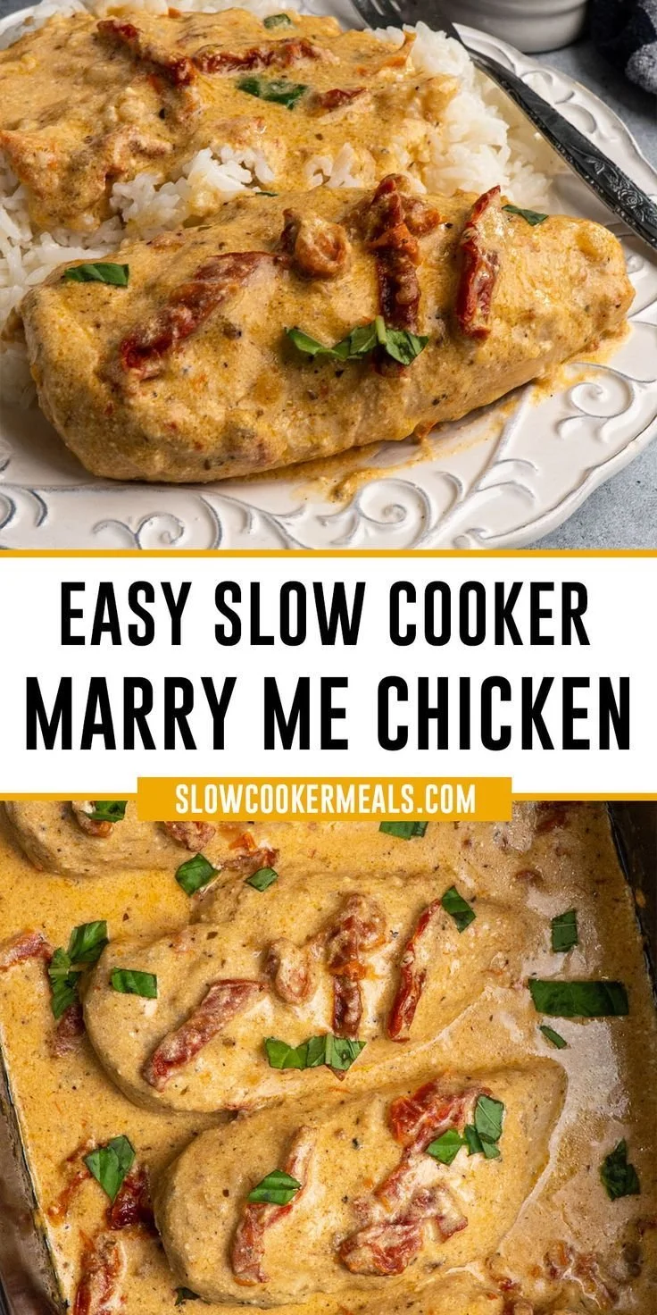Delicious slow cooker Marry Me Chicken served with herbs and sauce