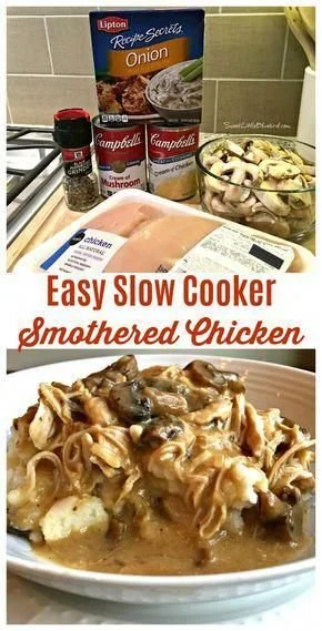 Delicious slow cooker chicken in creamy sauce served on a plate.