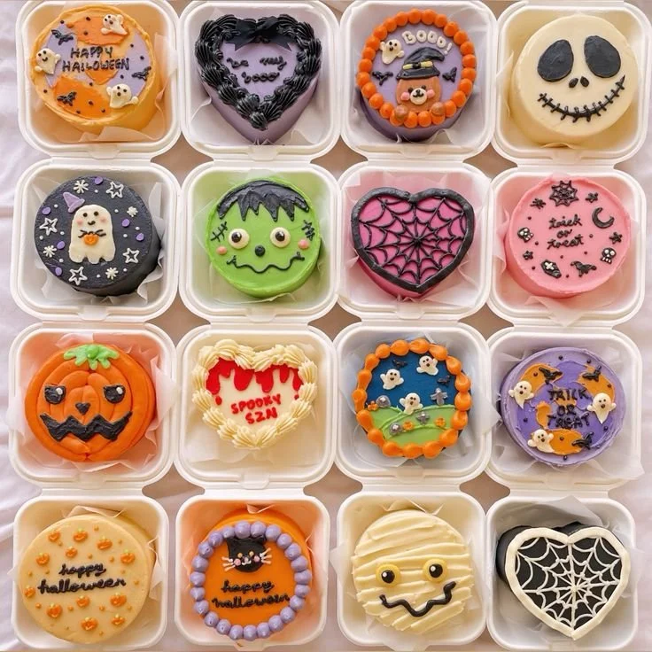 Halloween Bento Cakes decorated with spooky themes and vibrant colors.