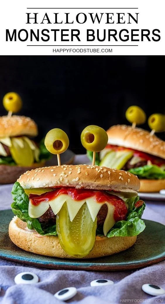 Halloween Monster Burgers decorated with spooky toppings