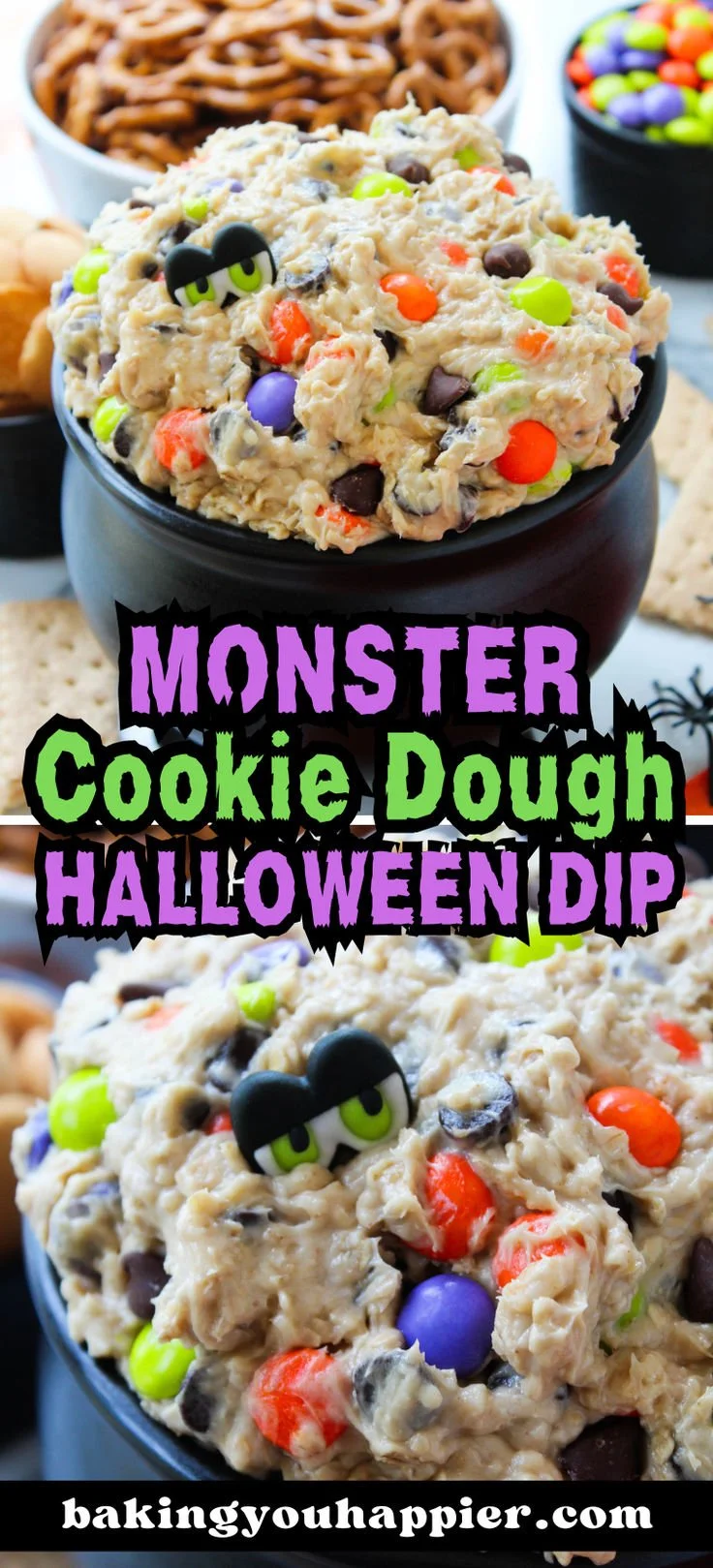 Halloween Monster Cookie Dough Dip with colorful sprinkles and spooky decorations