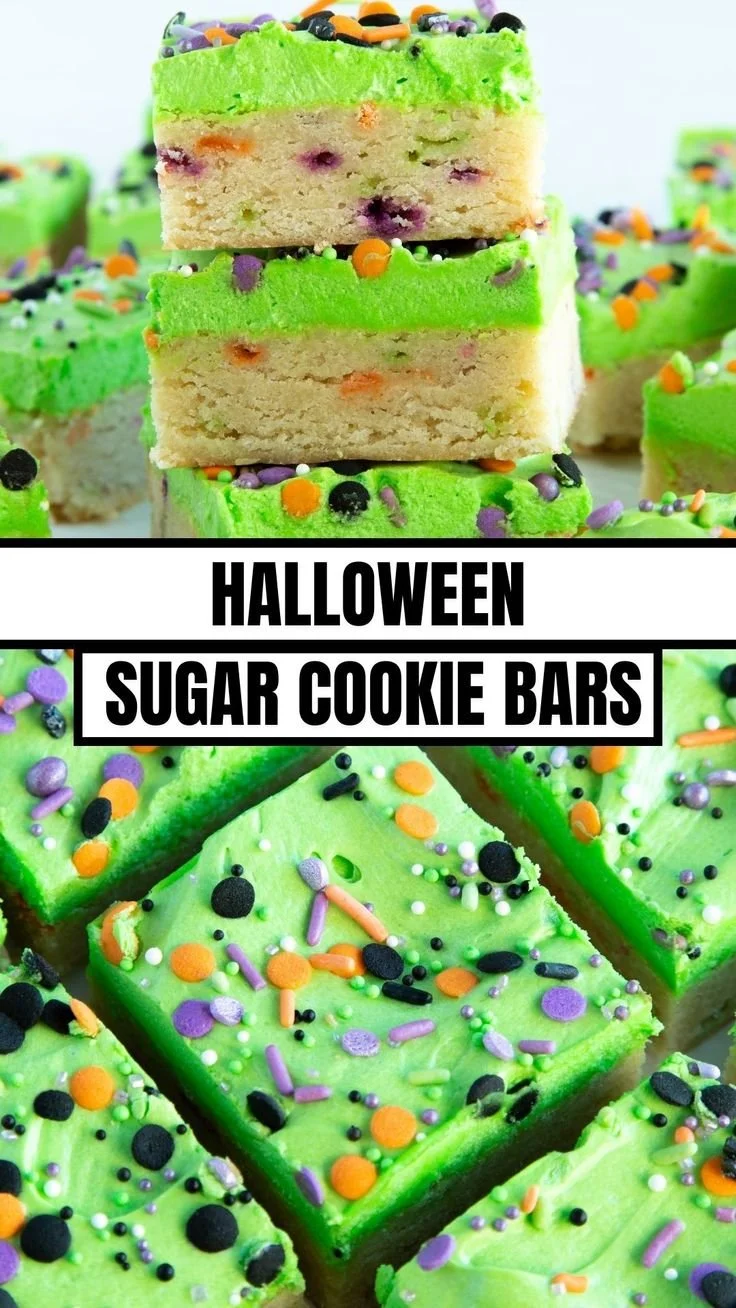 Colorful Halloween sugar cookie bars decorated with spooky icing and sprinkles
