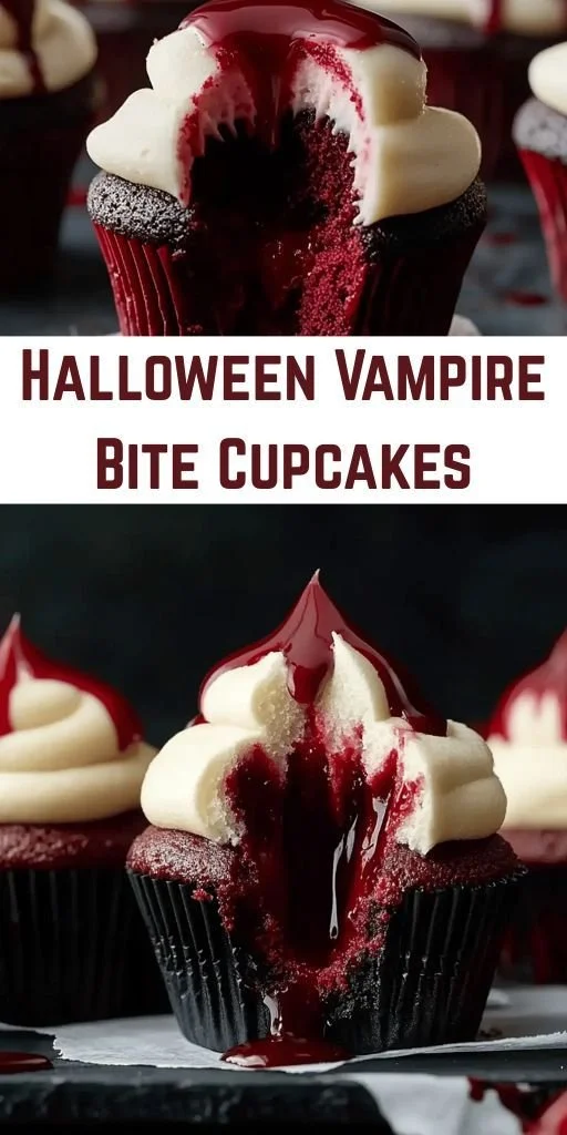 Halloween vampire bite cupcakes decorated with fake blood and vampire fangs.