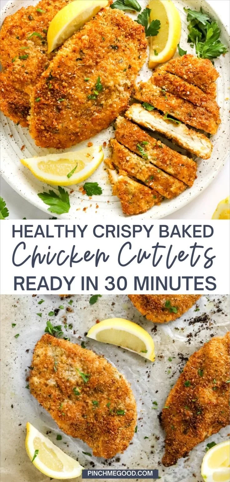 Healthy crispy baked chicken cutlets on a plate