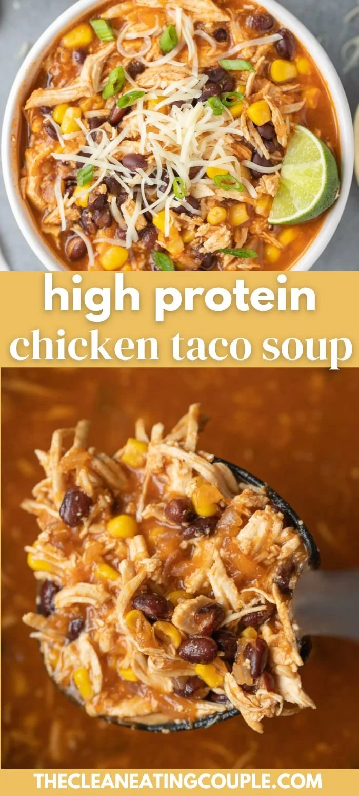 Bowl of high protein chicken taco soup topped with fresh cilantro and avocado
