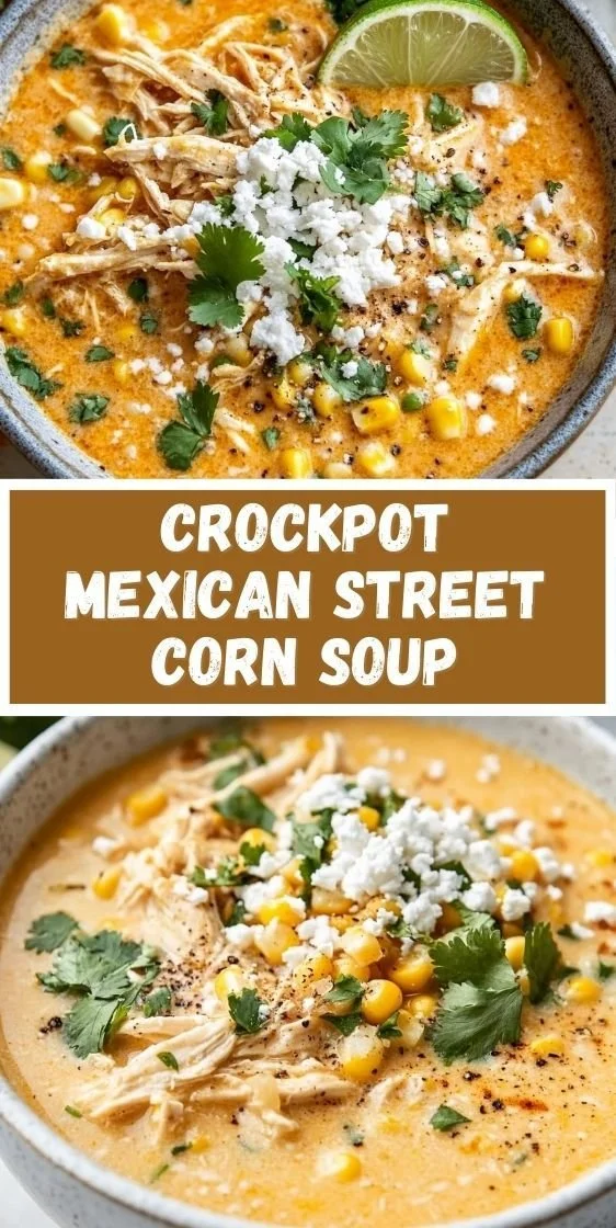 Bowl of Mexican street corn soup made in a crockpot topped with cilantro and lime