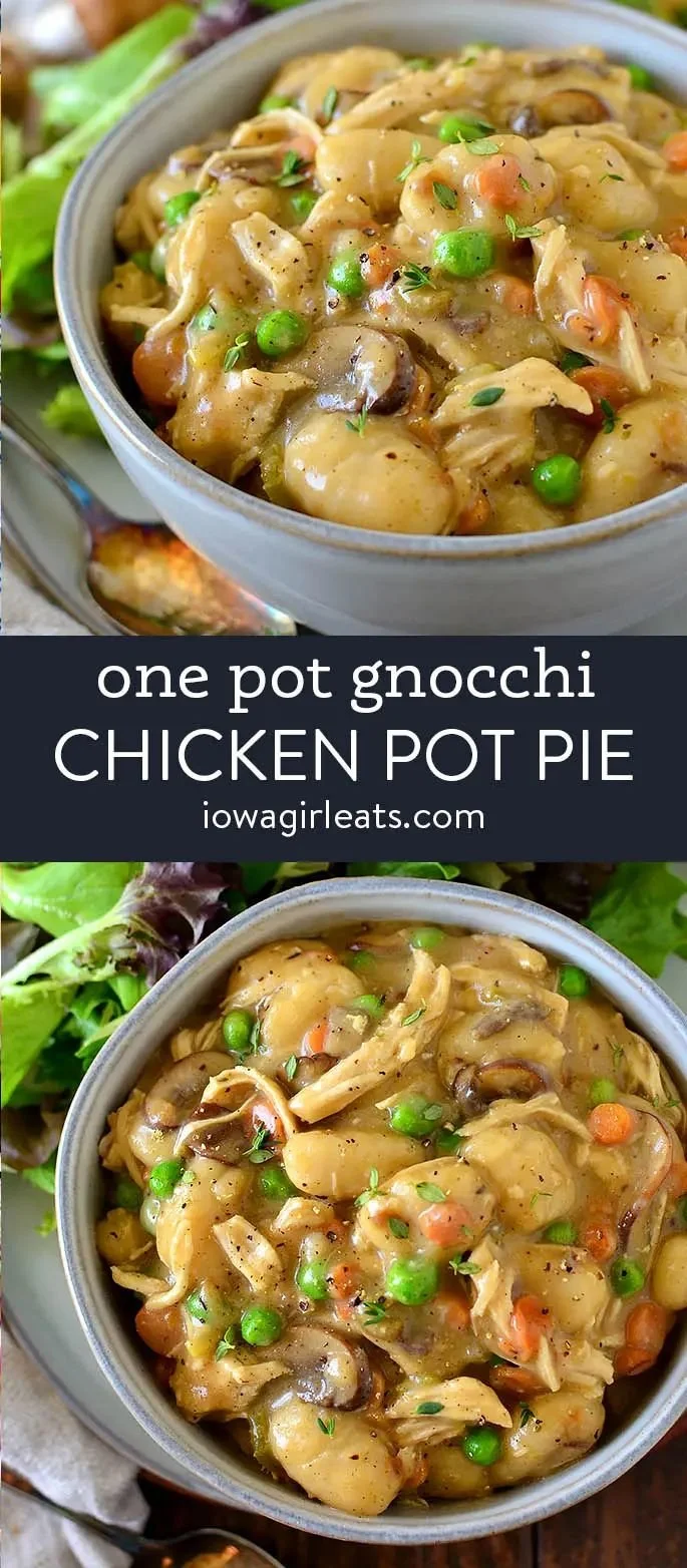 One Pot Gnocchi Chicken Pot Pie served in a rustic bowl, garnished with herbs