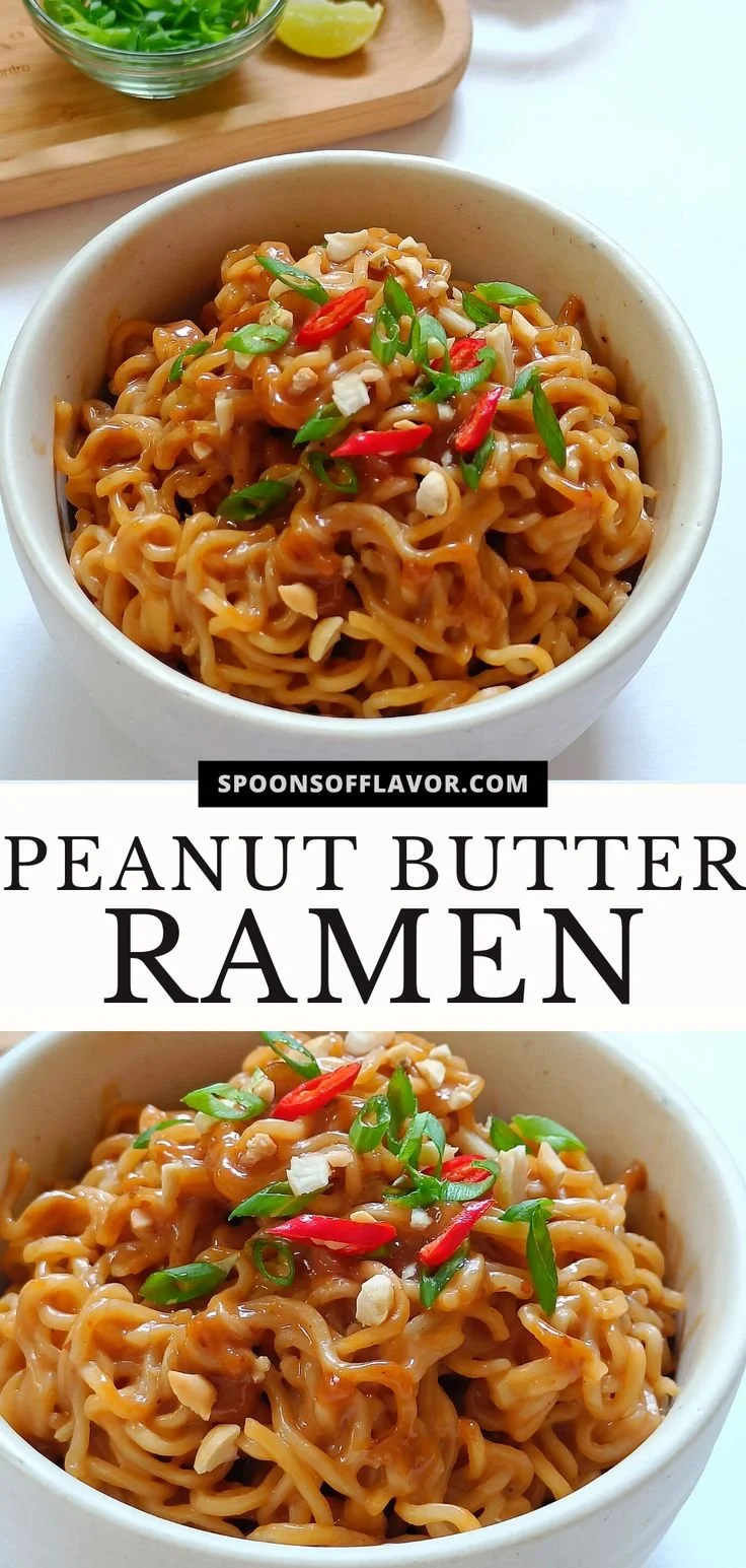 Bowl of creamy Peanut Butter Ramen Noodles topped with vegetables and sesame seeds.
