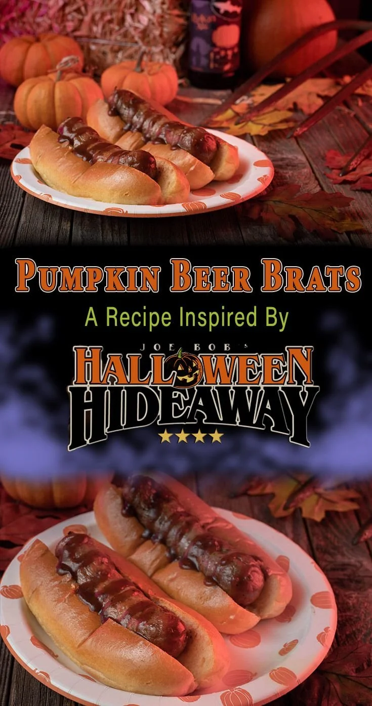 Delicious Pumpkin Beer Brats served at a Halloween-themed gathering.