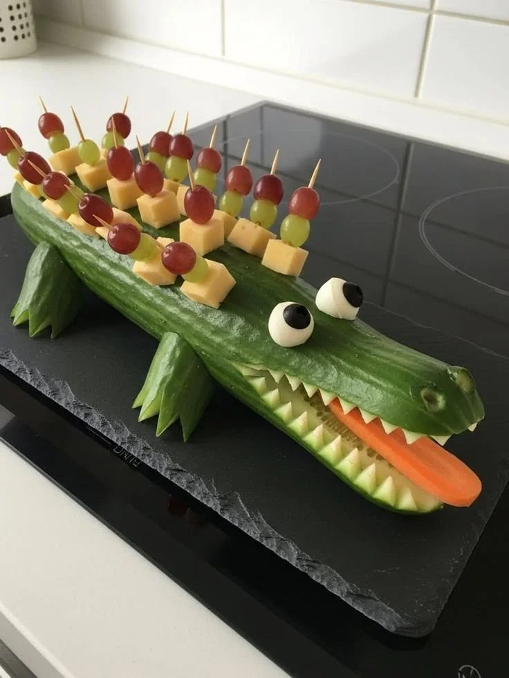 Colorful Snappy Snack-o-dile cucumber croc, perfect for kids' parties and healthy snacking.