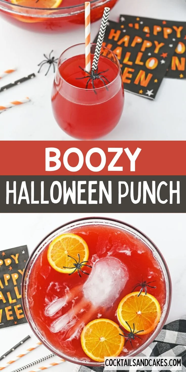 Red Halloween Punch with Vodka in spooky themed glassware