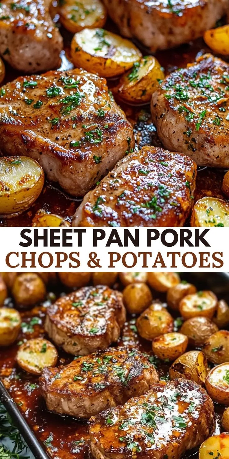 Sheet pan pork chops with golden potatoes ready to serve in 40 minutes