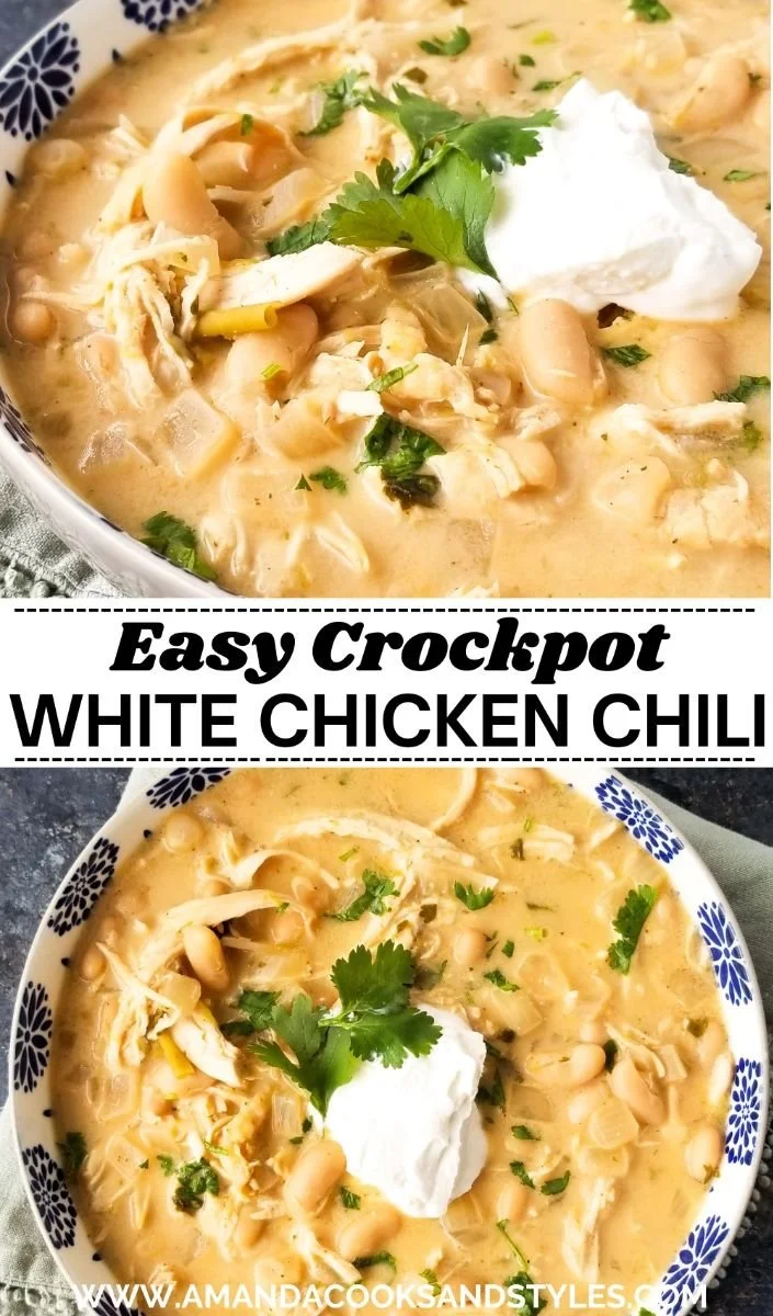 Bowl of creamy slow cooker white chicken chili with toppings