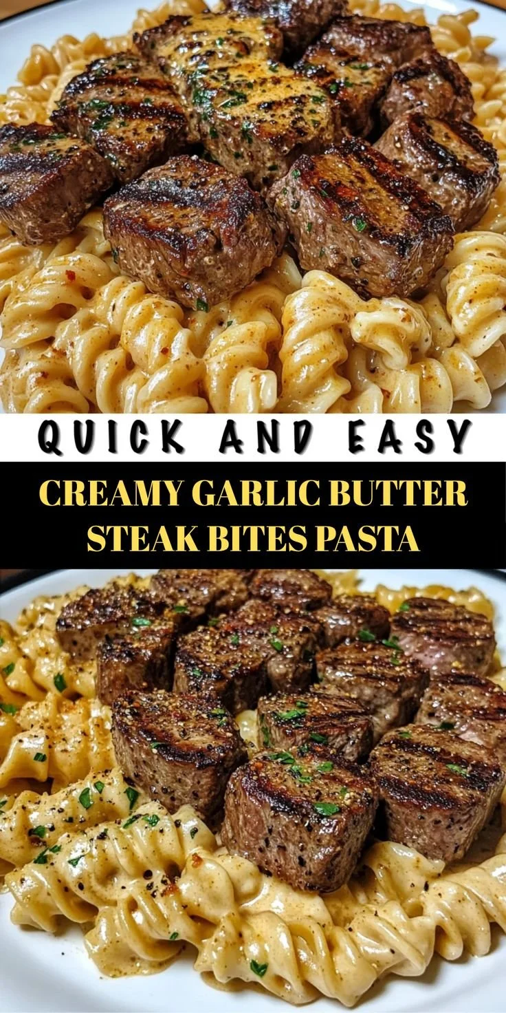 Delicious creamy garlic butter steak bites served with pasta