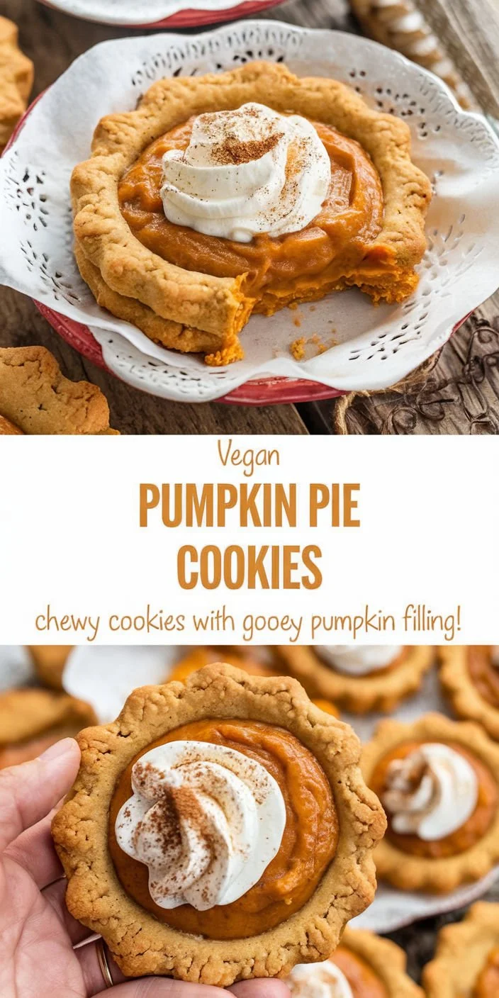 Vegan pumpkin pie cookies on a rustic wooden table with autumn decorations.