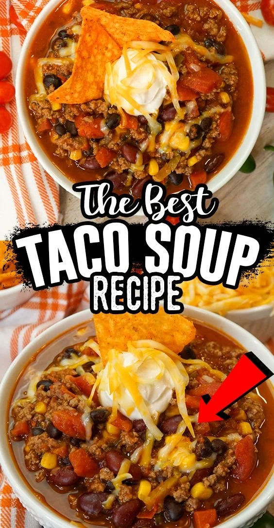 Delicious bowl of very best taco soup with toppings