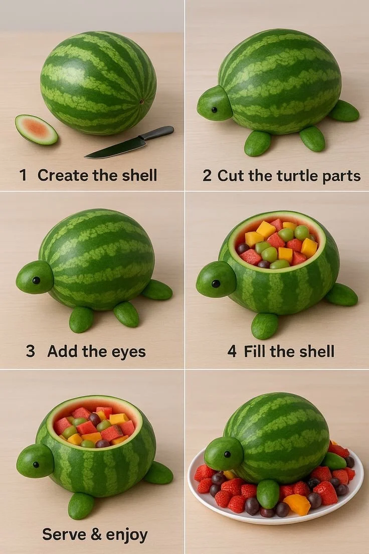 Colorful watermelon turtle fruit bowl perfect for summer parties.