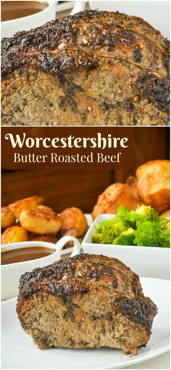 Juicy Worcestershire Butter Roast Beef garnished and ready to serve
